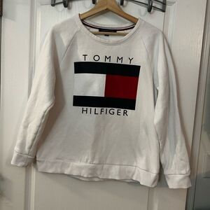 TOMMY HILFIGER Logo Flag Crew Neck Sweatshirt Women's L classic white preppy